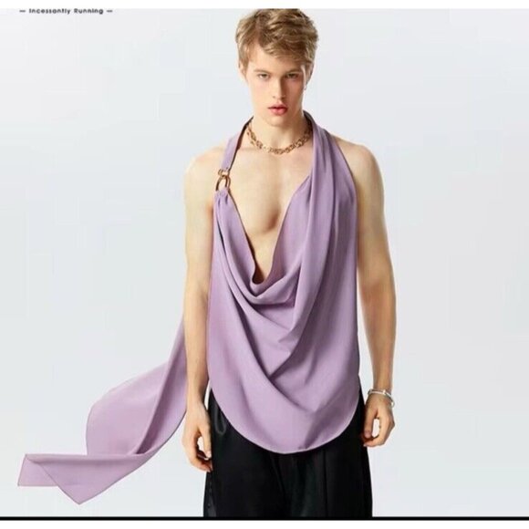 Purple Unisex Small Cowl Neck O Ring Linked Irregular Tank Tops Sleeveless - Picture 1 of 5